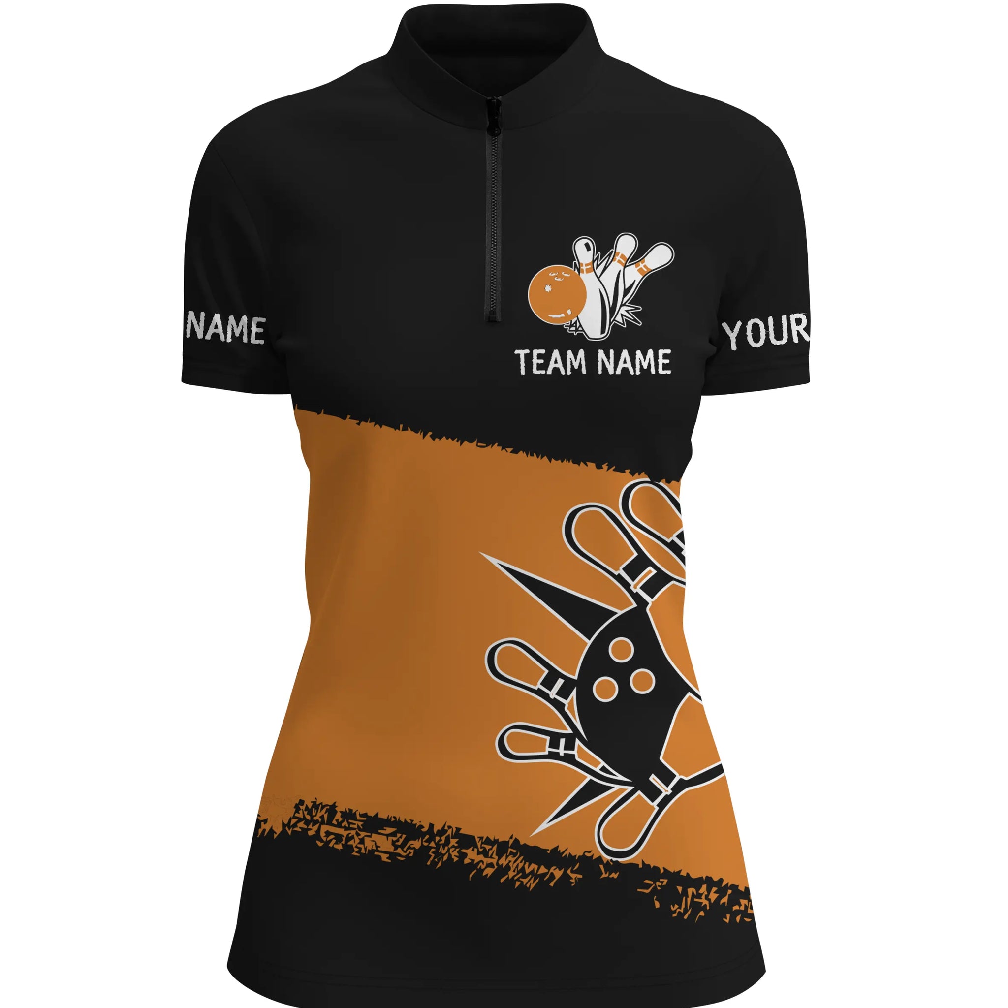 Women's Custom Bowling Quarter Zip Shirt - Black/Orange N4769