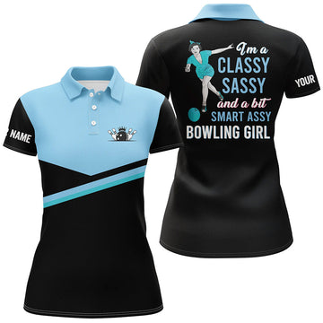 Women's Black and Blue Bowling Polo Shirt - Classy Sassy Design N5303