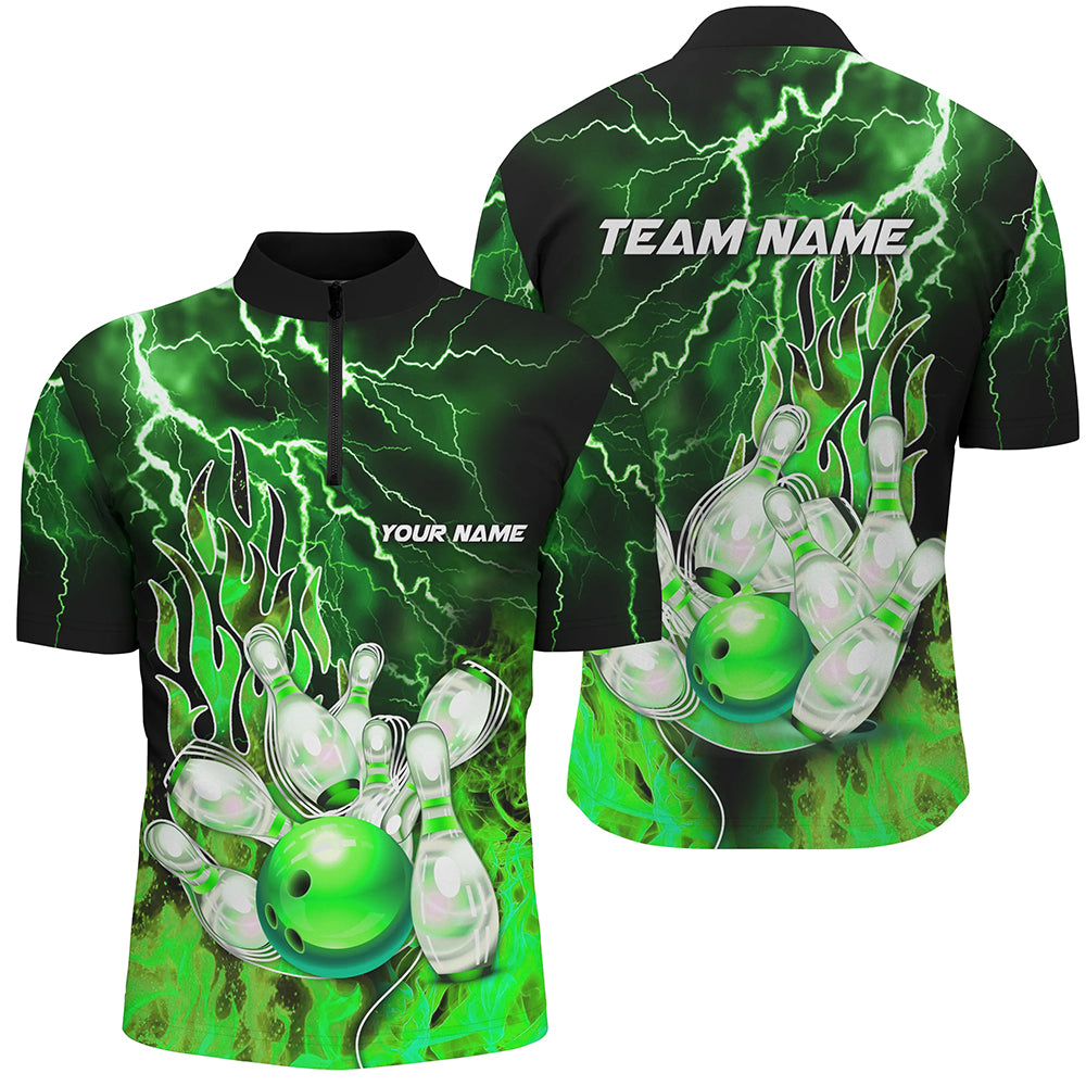 Men's Bowling Quarter Zip Shirt - Custom Green Lightning Jersey N7065