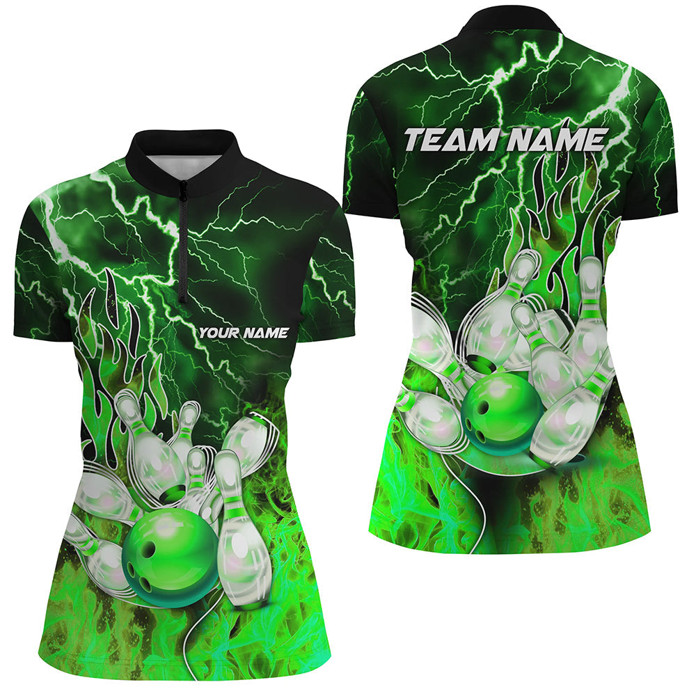 Women's Bowling Quarter Zip Shirt - Custom Green Lightning Thunder Team Jersey N7065