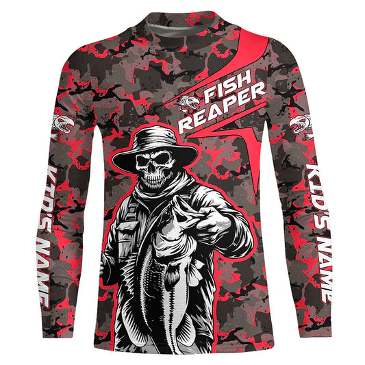 Custom Fish Reaper Skull Bass Kid Long Sleeve Fishing Shirt, Bass Hunter Fishing Jerseys | Red Camo IPHW6506