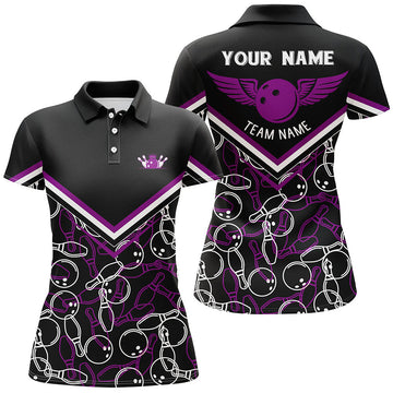 Custom Black & Purple Short Sleeve Polo Bowling Shirt for Women N6441