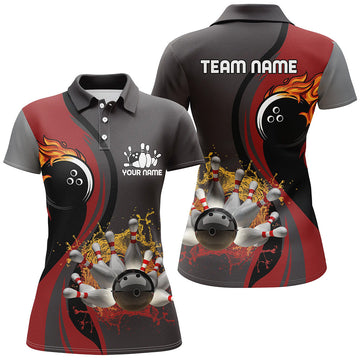 Women's Red Bowling Polo Shirt with Flame Design N6448