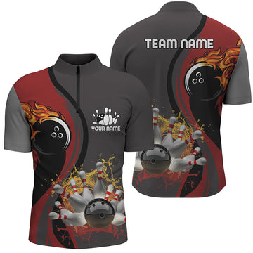 Men's Red Bowling Quarter Zip Shirt with Custom Flame Design N6448