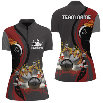 Women's Red Bowling Quarter Zip Shirt with Custom Flame Design N6448