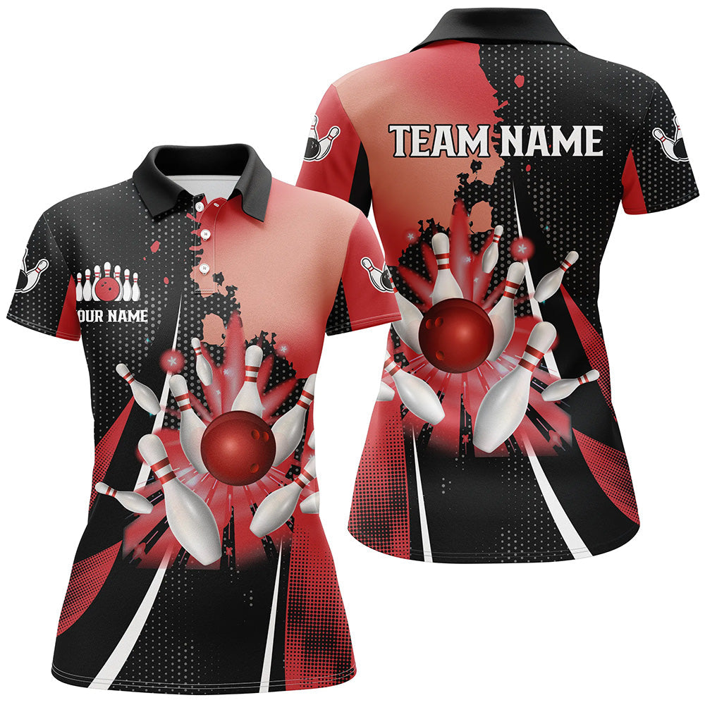 Women's Retro Black & Red Bowling Polo Shirt - Custom Team Design N7336