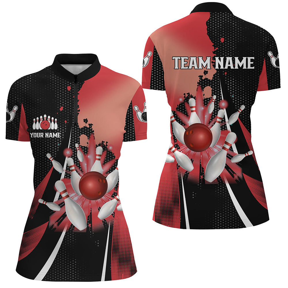 Women's Black/Red Retro Quarter Zip Bowling Jersey N7336