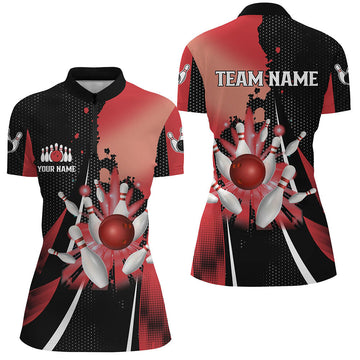 Women's Black/Red Retro Quarter Zip Bowling Jersey N7336