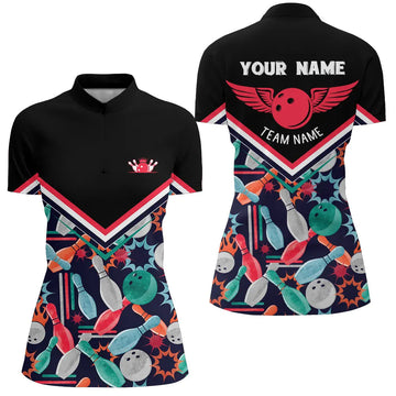 Custom Black 3D Quarter Zip Bowling Shirt for Women N6008