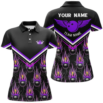Custom Purple Women's Bowling Polo Shirt with 3D Flame Design N6010