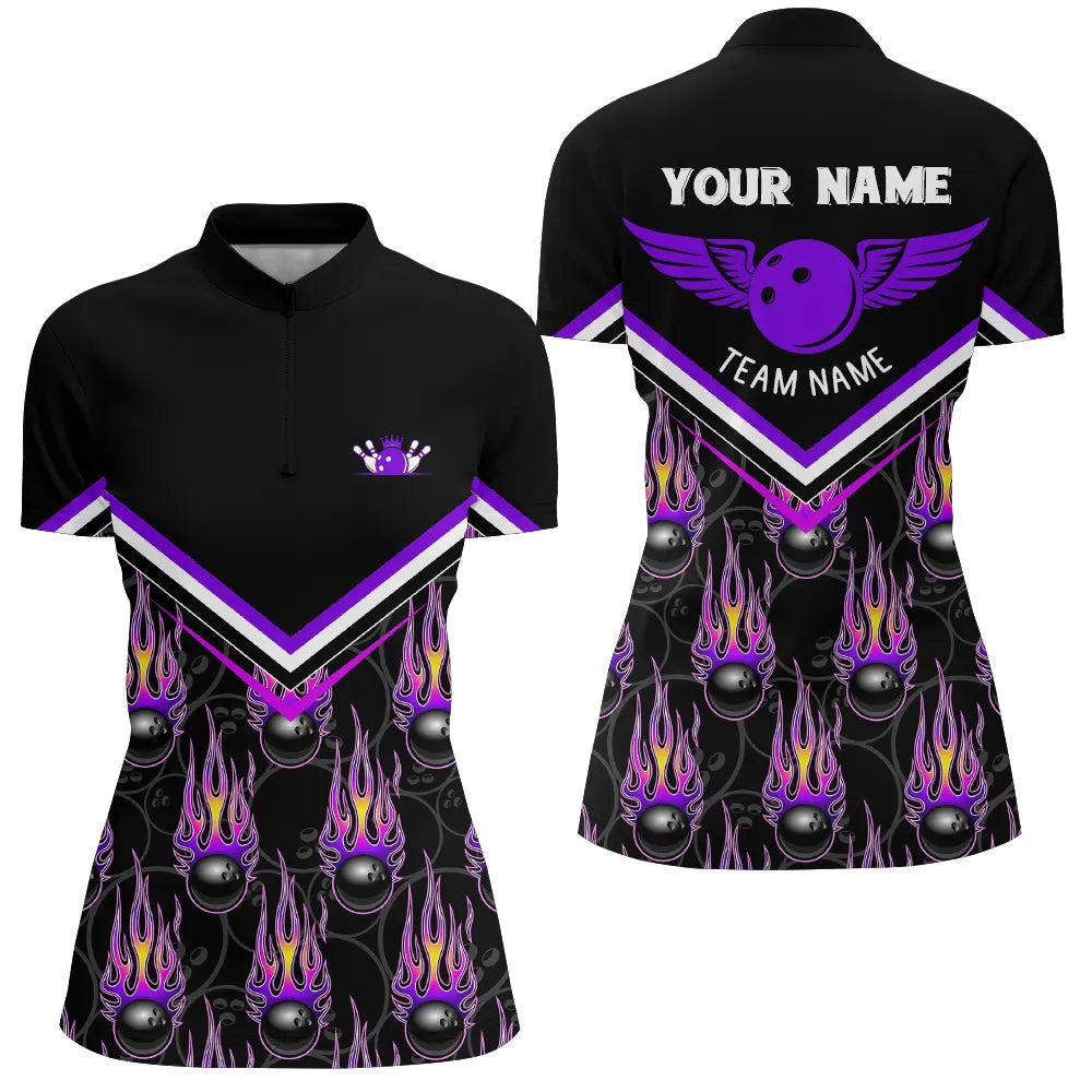 Women's Purple Bowling Quarter Zip Shirt with Black Flame Design N6010