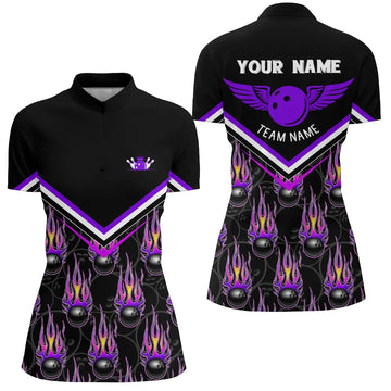 Women's Purple Bowling Quarter Zip Shirt with Black Flame Design N6010