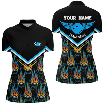 Women's Custom Black Flame Bowling Quarter Zip Shirt N6011