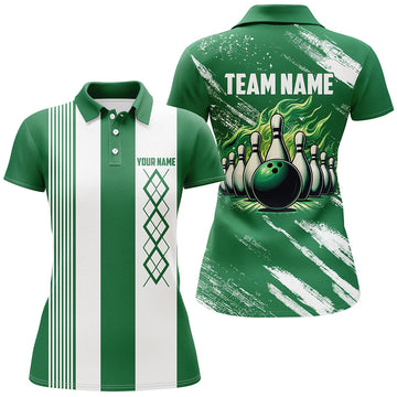 Green & White Argyle Flame Women's Bowling Polo, 1/4 Zip Team Jersey N8110