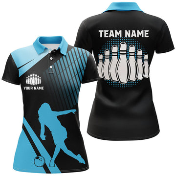 Women's Black & Blue Retro Bowling Polo Shirt - Custom Team Jersey N7532