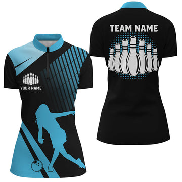 Women's Black & Blue Retro Bowling Quarter Zip Shirt N7532