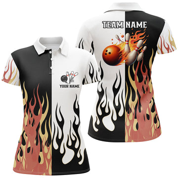 Women's Black & White Flame Bowling Polo Shirt N7351