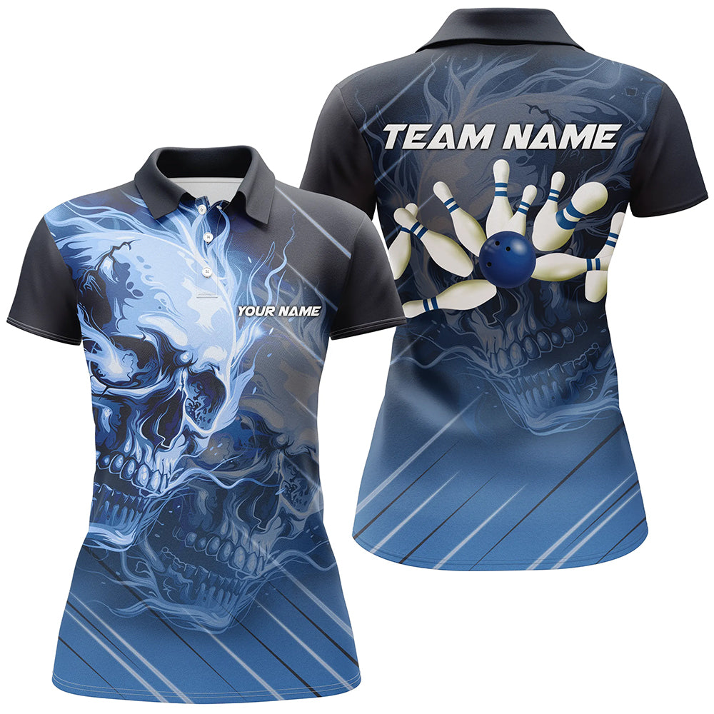 Women's Custom Blue Skull Bowling Polo N7684