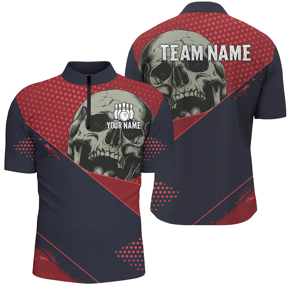 Men's Personalised Red & Navy Skull Bowling Shirts N8352
