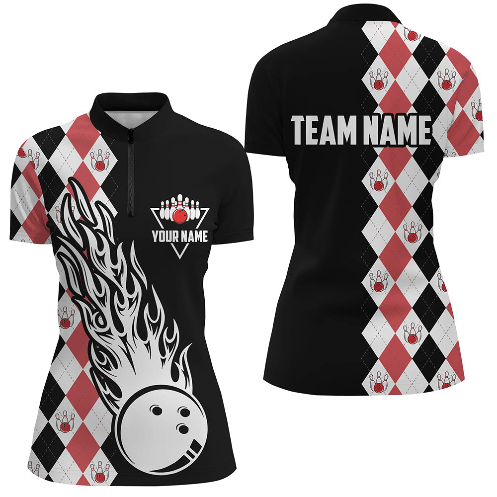 Women's Black & Red Argyle Bowling Quarter Zip Shirt N6912