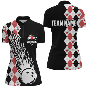 Women's Black & Red Argyle Bowling Quarter Zip Shirt N6912