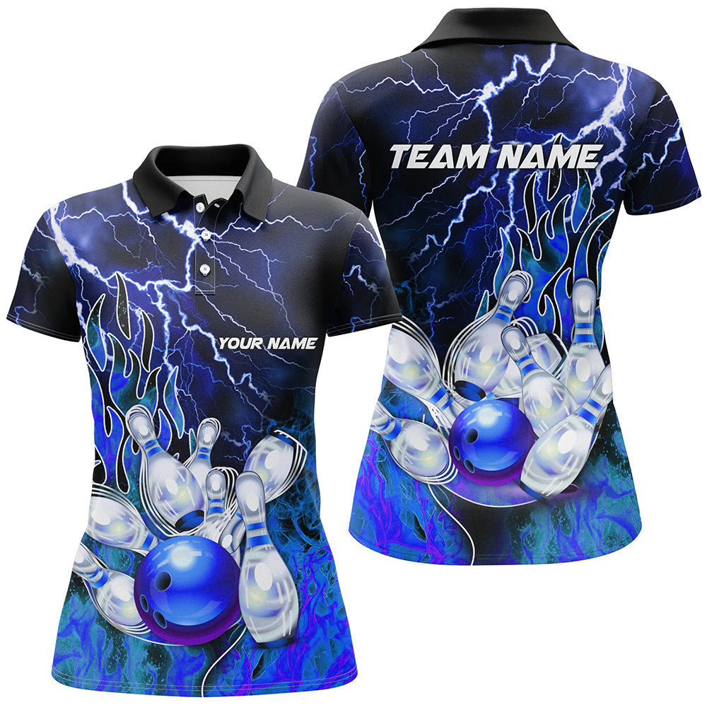 Women's Blue Lightning Bowling Polo Shirt - Custom Team Jersey N7078
