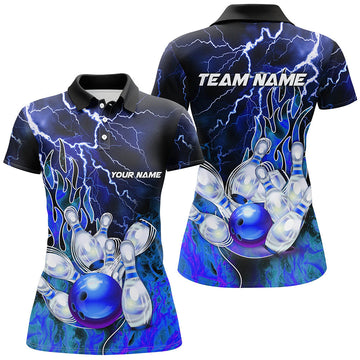 Women's Blue Lightning Bowling Polo Shirt - Custom Team Jersey N7078