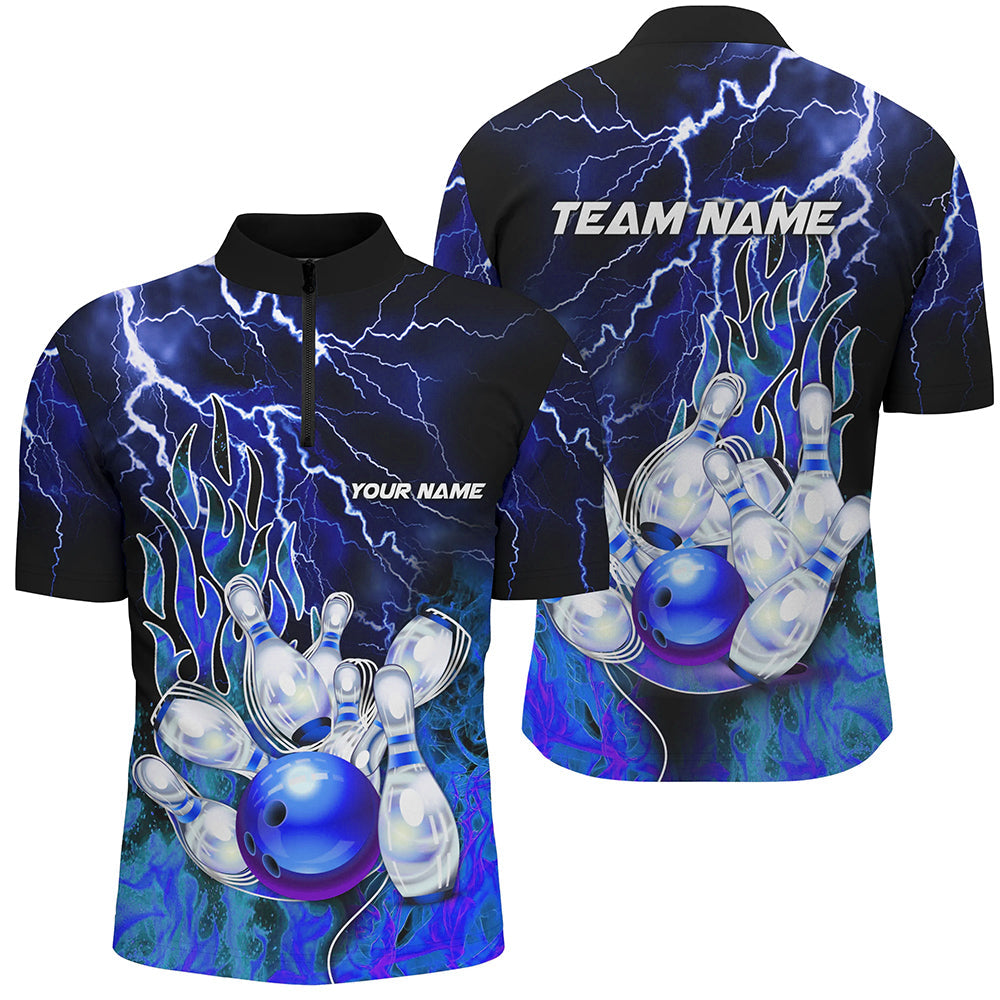 Men's Blue Lightning Thunder Bowling Quarter Zip Jersey N7078