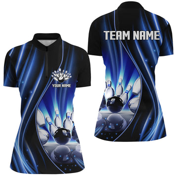 Women's Blue & Black Quarter Zip Bowling Shirt - Custom League Jersey N7082
