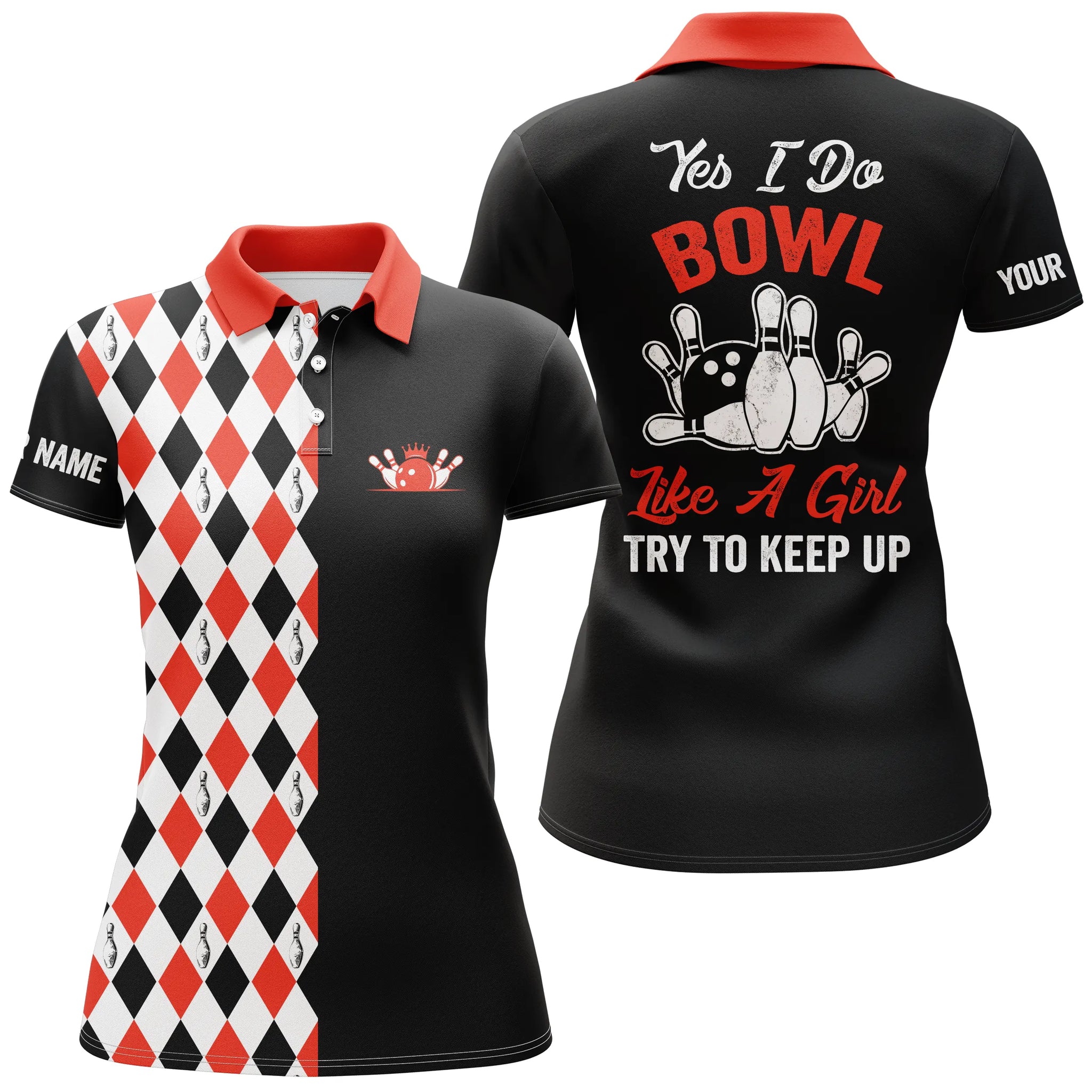 Custom Black & Red Bowling Shirt for Women - 'I Bowl Like a Girl' N4791