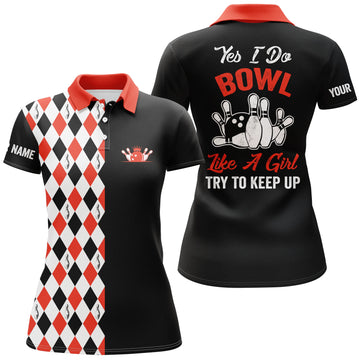 Custom Black & Red Bowling Shirt for Women - 'I Bowl Like a Girl' N4791