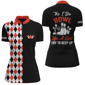 Black Red Quarter Zip Bowling Shirt for Women - Custom Name "I Bowl Like a Girl" N4791