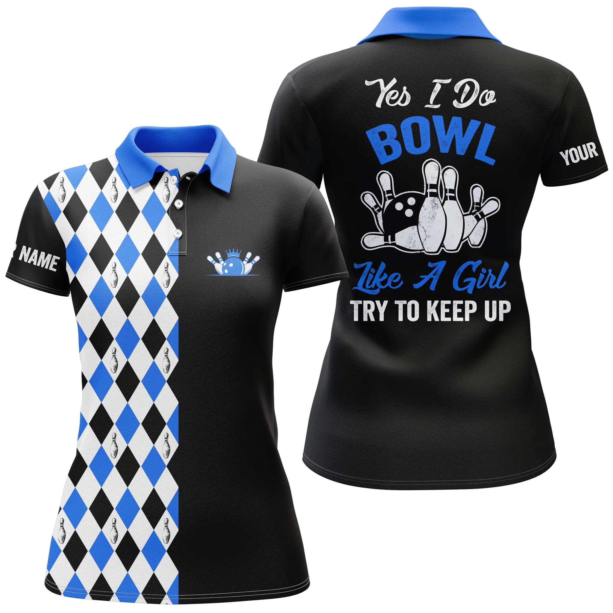 Custom Black & Blue Bowling Shirt for Women - 'I Bowl Like a Girl' N4792
