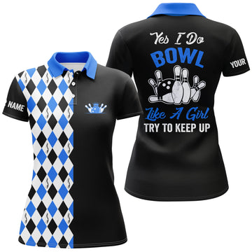 Custom Black & Blue Bowling Shirt for Women - 'I Bowl Like a Girl' N4792