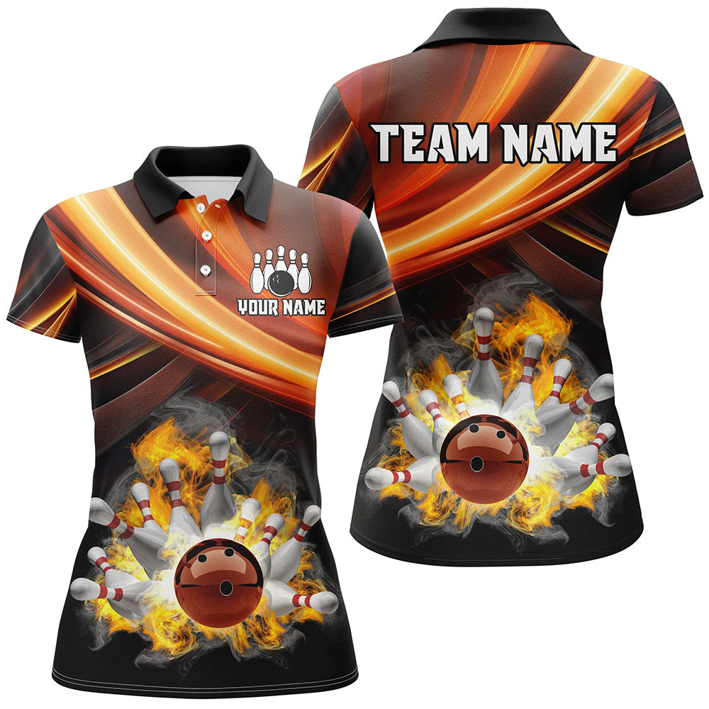 Women's Black & Orange Smoke Flame Bowling Polo, 1/4 Zip N8359