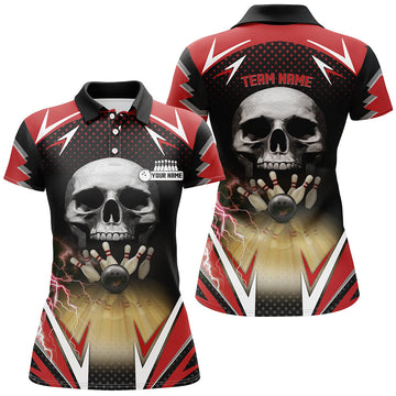 Women's Red & Black Bowling Skull Polo Shirt - Custom Team Jersey N6251