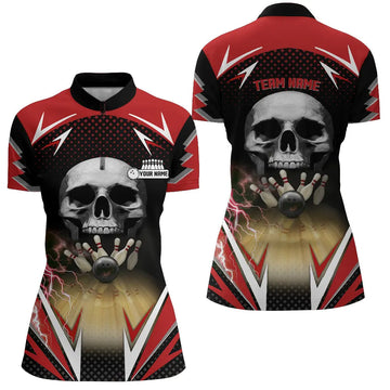Women's Red & Black Bowling Skull Quarter Zip Shirt - Custom Team Jersey N6251