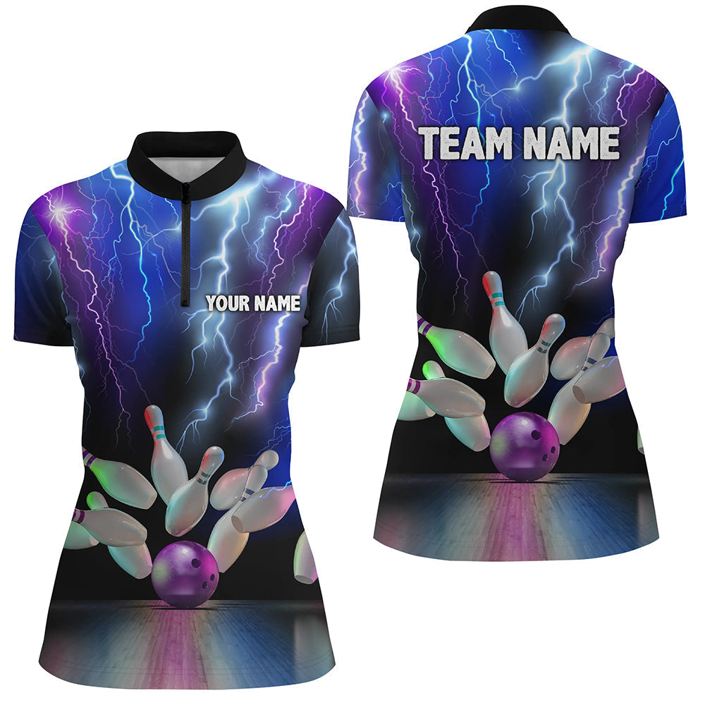 Women's Bowling Quarter Zip Shirt - Colourful Thunderstorm Team Jersey N7093
