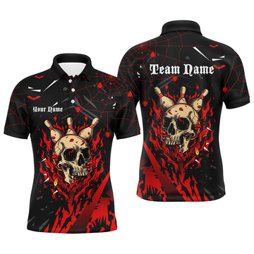 Men's Black & Red Flame Bowling Skull Halloween Shirt N8155