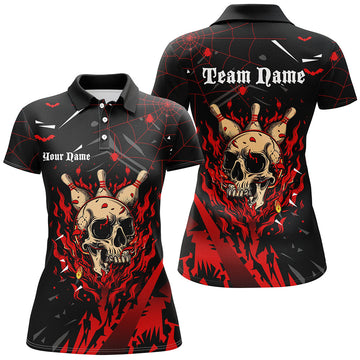 Women's Black & Red Flame Bowling Skull Halloween Shirt N8155