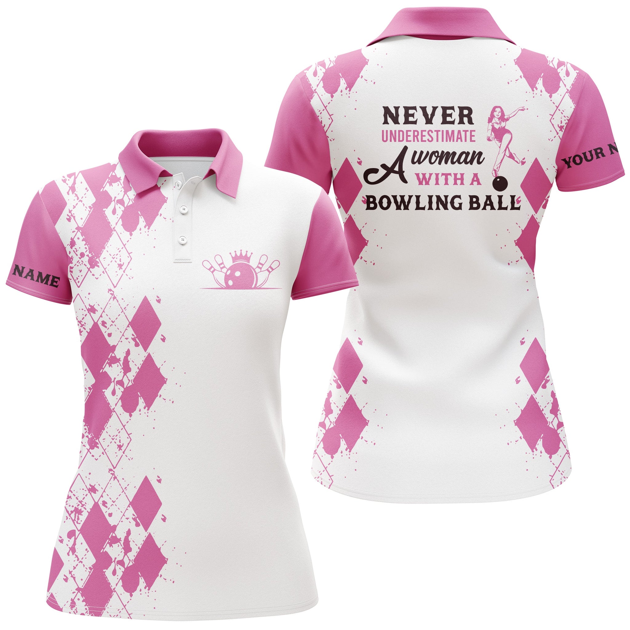 Women's Bowling Polo Shirt - Custom Name, "Never Underestimate a Woman" Design N4462