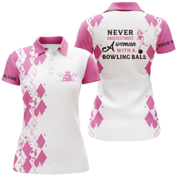 Women's Bowling Polo Shirt - Custom Name, "Never Underestimate a Woman" Design N4462