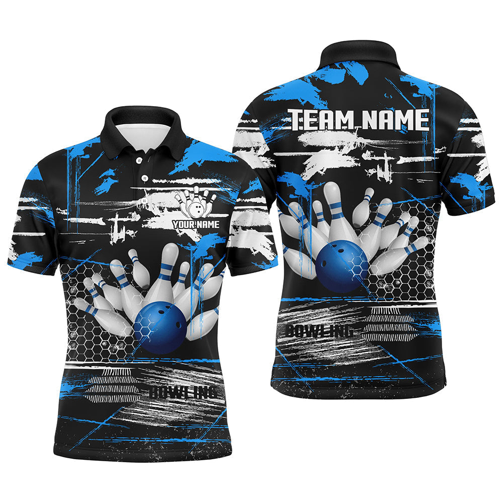 Men's Retro Bowling Polo Shirt - Custom Black & Blue Team Jersey N7100