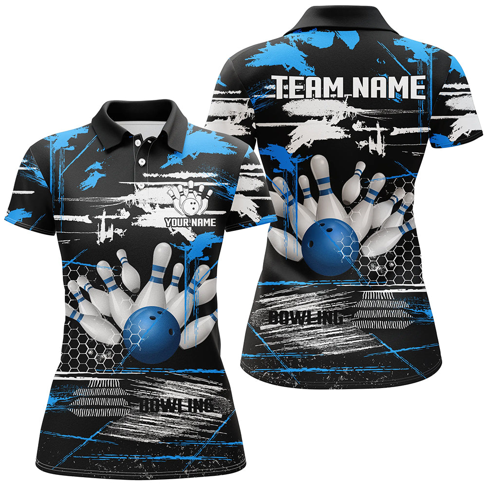 Women's Retro Bowling Polo Shirt - Custom Black & Blue Team Jersey N7100