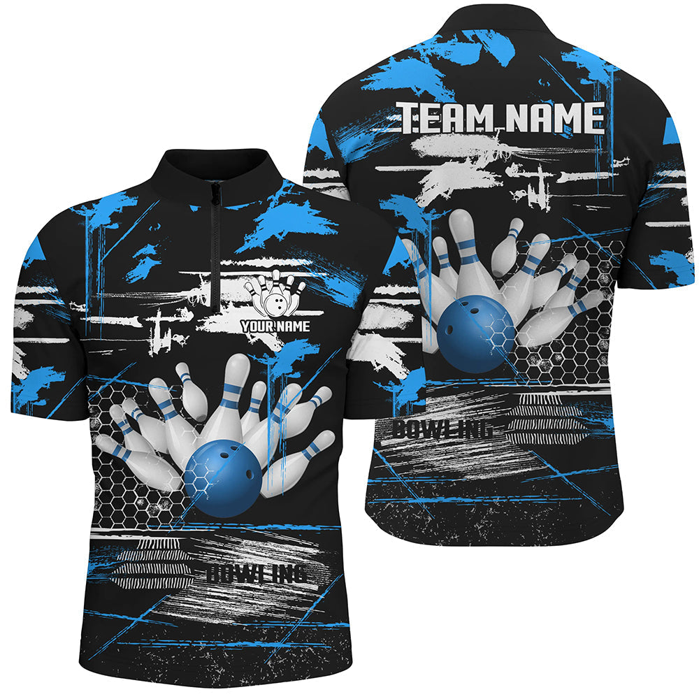 Men's Retro Black & Blue Bowling Quarter Zip Jersey N7100