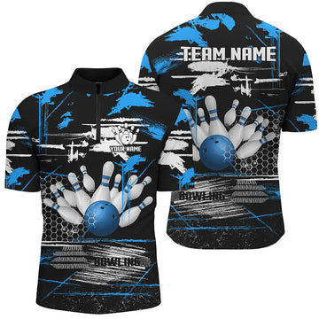 Men's Retro Black & Blue Bowling Quarter Zip Jersey N7100