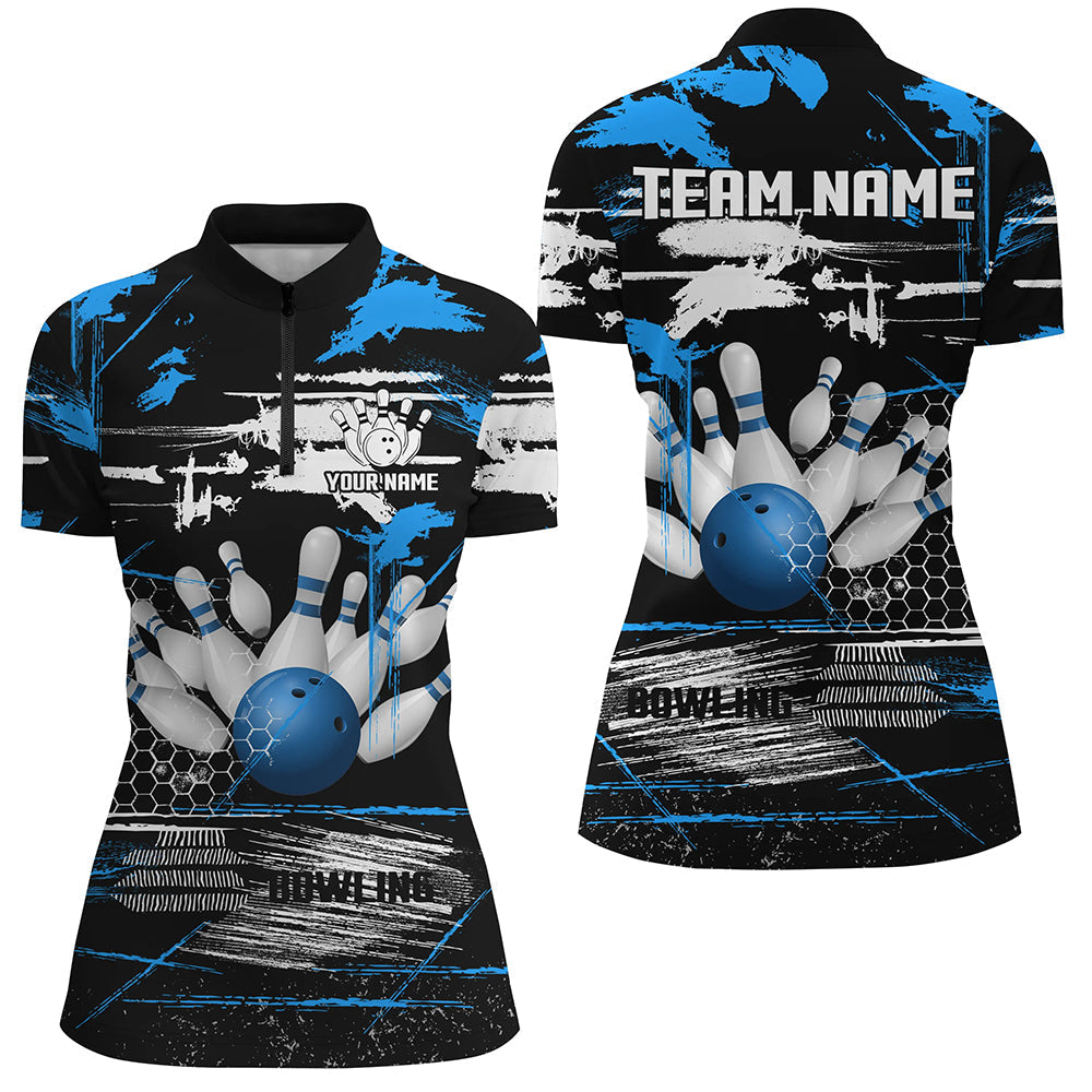 Women's Black & Blue Retro Bowling Quarter Zip Jersey N7100