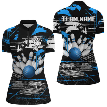 Women's Black & Blue Retro Bowling Quarter Zip Jersey N7100