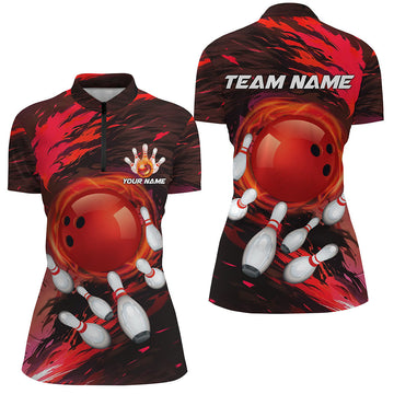 Women's Red Camo Quarter Zip Bowling Jersey N7379
