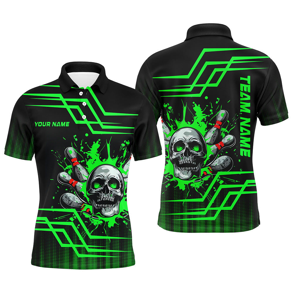 Men's Black & Green Bowling Skull Polo, Quarter Zip Jersey N7956